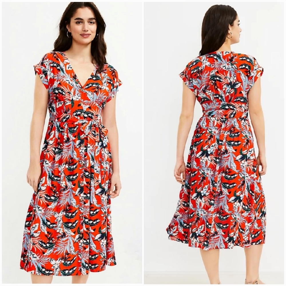 LOFT, New Red Botanical Tropical Floral V-Neck Button Tie Waist Midi Dress 4 - Picture 1 of 12